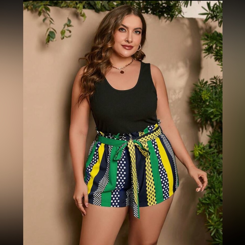 Paper Bag High Waisted Short Set with Black Tank Top